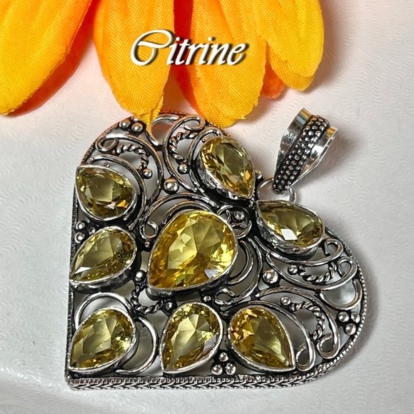 Heart Pendant Citrine Large Handmade Gemstone 924 Stamped Bohemian Sparkler New! - Picture 3 of 13